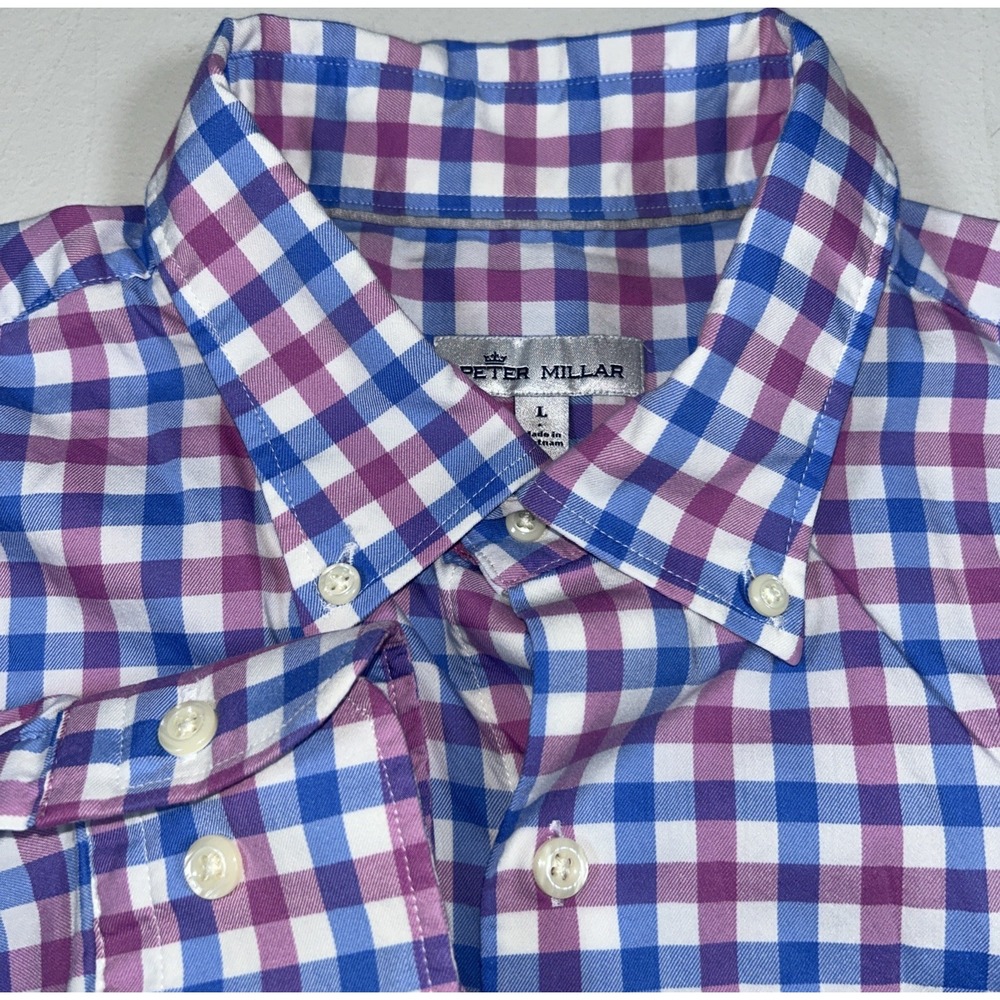 Peter Millar Gingham Check Blue Pink Blue‎ Long Sleeve Button Down Men's Large